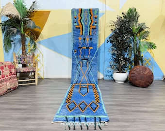 Handmade Blue Wool Moroccan Runner Rug: Berber Hallway Carpet