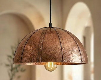 Hand-Hammered Copper Dome Pendant Light, Rustic Industrial Chandelier, Farmhouse Copper Lamp