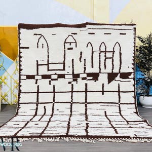 Moroccan Berber Rug, Abstract Rug, White And Dark Brown Rug, Handwoven Rug, White Rug, Area Wool Rug, Moroccan Azilal Rug, Handmade Carpet