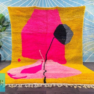 Large Moroccan Wool Rug: Yellow, Pink, and Black Beni Ourain Style