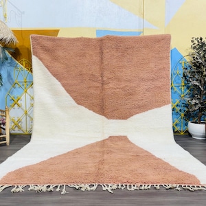 Terracotta Geometric Moroccan Rug - Handmade Wool Berber Carpet - Cream & Rust Minimalist Area Rug - Beni Ourain Style Decor