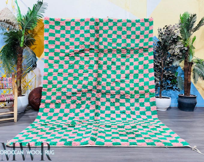 Checkered Pink Green Rug - Modern Gingham Area Carpet - Cottage Core ...
