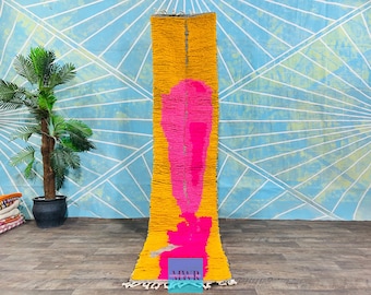 Handwoven Berber Runner Rug: Mustard-Pink Sheep Wool, Vintage Moroccan Style