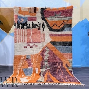 Vintage Orange Boujaad Rug: Bohemian Berber Wool Area Rug (6.5 x 9 ft)