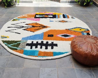 Round Beni Ourain Rug - Handmade Wool Moroccan Carpet - Circular Rug