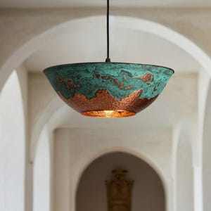 Distressed Green Patina Copper Dome Pendant Light, Hammered Hanging Lamp, Rustic Industrial Ceiling Lighting for Kitchen, Dining, or Hallway
