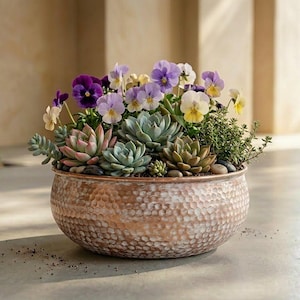 Puede incluir: Una maceta redonda de metal martillado en tono cobre, llena de una variedad de suculentas verdes y pequeñas flores de pensamiento delicadas en tonos morado, amarillo y blanco. El recipiente en forma de cuenco presenta una superficie texturizada.