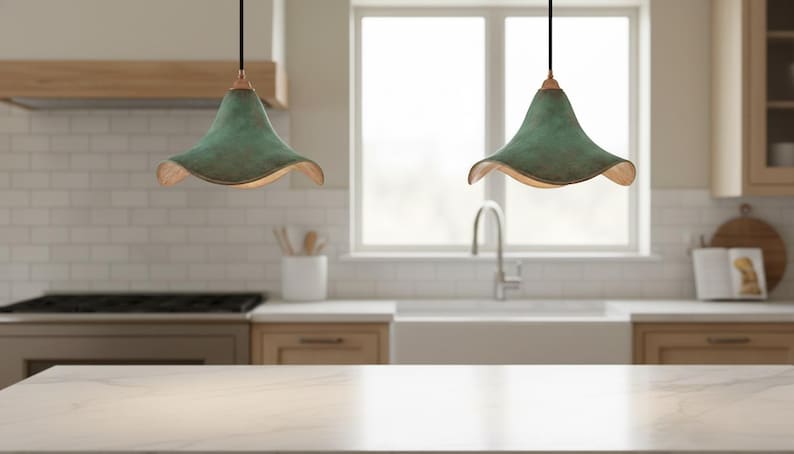 Green Patina Cone Pendant Light - Handmade Copper Lamp - Rustic Ceiling Fixture