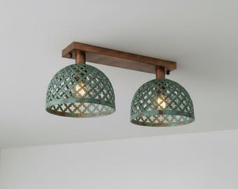 Perforated Copper Double Ceiling Light, Green Patina Industrial Farmhouse Flush Mount