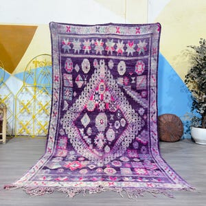 Vintage Moroccan Boujad Rug, Handwoven Wool Carpet, Soft Purple & Pink Tones, Faded Tribal Berber Area Rug