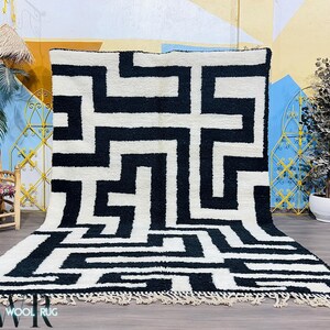 Handwoven Beni Ourain Wool Rug: Custom Moroccan Black and White Carpet