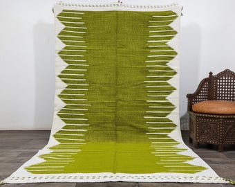 Olive Green Kilim Rug, Handmade Moroccan Wool Carpet, Custom Size