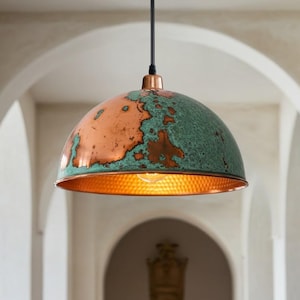 Handmade Copper Dome Pendant Light: Rustic Green Patina, Industrial Kitchen Island Lighting