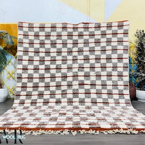 Checkered Moroccan Wool Rug - Handmade Berber Carpet - Cream and Brown Grid Rug - Custom Shag Rug - Orange Accent Beni Ourain Style