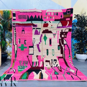 Handmade Pink Moroccan Wool Rug: Colorful Striped Area Rug