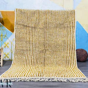 Striped Moroccan Rug 7x9, Beni Ourain Yellow Rug, Handmade Rug, Wool Beni Ourain rug, Style Moroccan Rug, Berber rug