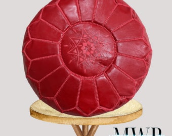 Red Round Pouf Handmade Footstool Round Red Pouf Ottoman Pouf Moroccan Leather Round Pouf Red Leather