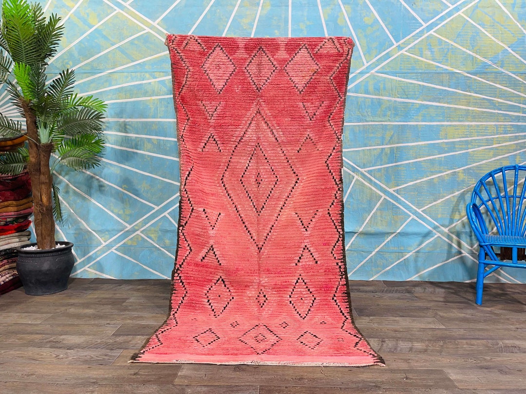 Antique Moroccan Rug, Handmade Rug 3.6x7.8 Ft, Abstract Red Rug