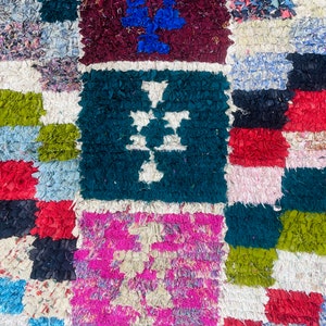 Colorful Boucherouite Rug, Checker Rug, Tapis Berbere, Boucherouite Vintage Rug, Handmade Fabric Rug, Vintage Entryway carpet image 4