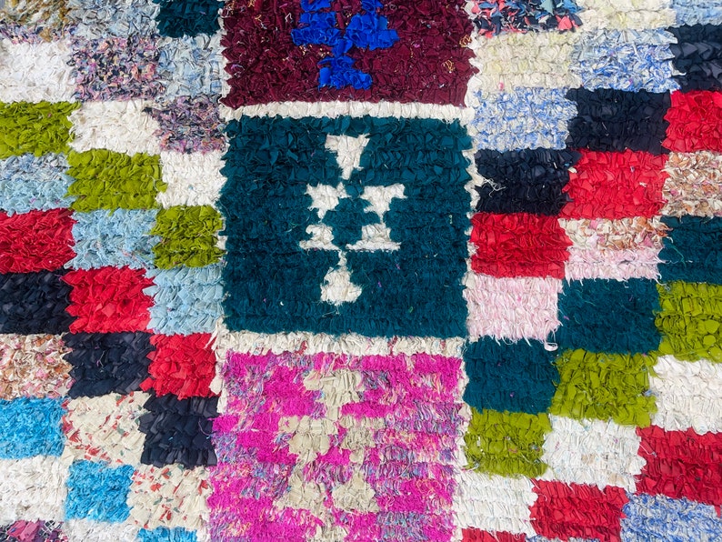 Colorful Boucherouite Rug, Checker Rug, Tapis Berbere, Boucherouite Vintage Rug, Handmade Fabric Rug, Vintage Entryway carpet image 4