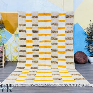 Moroccan Striped Wool Rug, Handmade Beni Ourain Style Carpet, Yellow & Beige Minimalist Berber Area Rug