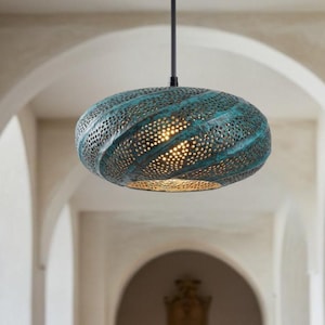 Hammerd Dome Lamp , Modern Copper Dome Pendant Lamp Green Patina , Ceiling Dome Lamp , Copper Dome Light fixture , Rustic Chandelier
