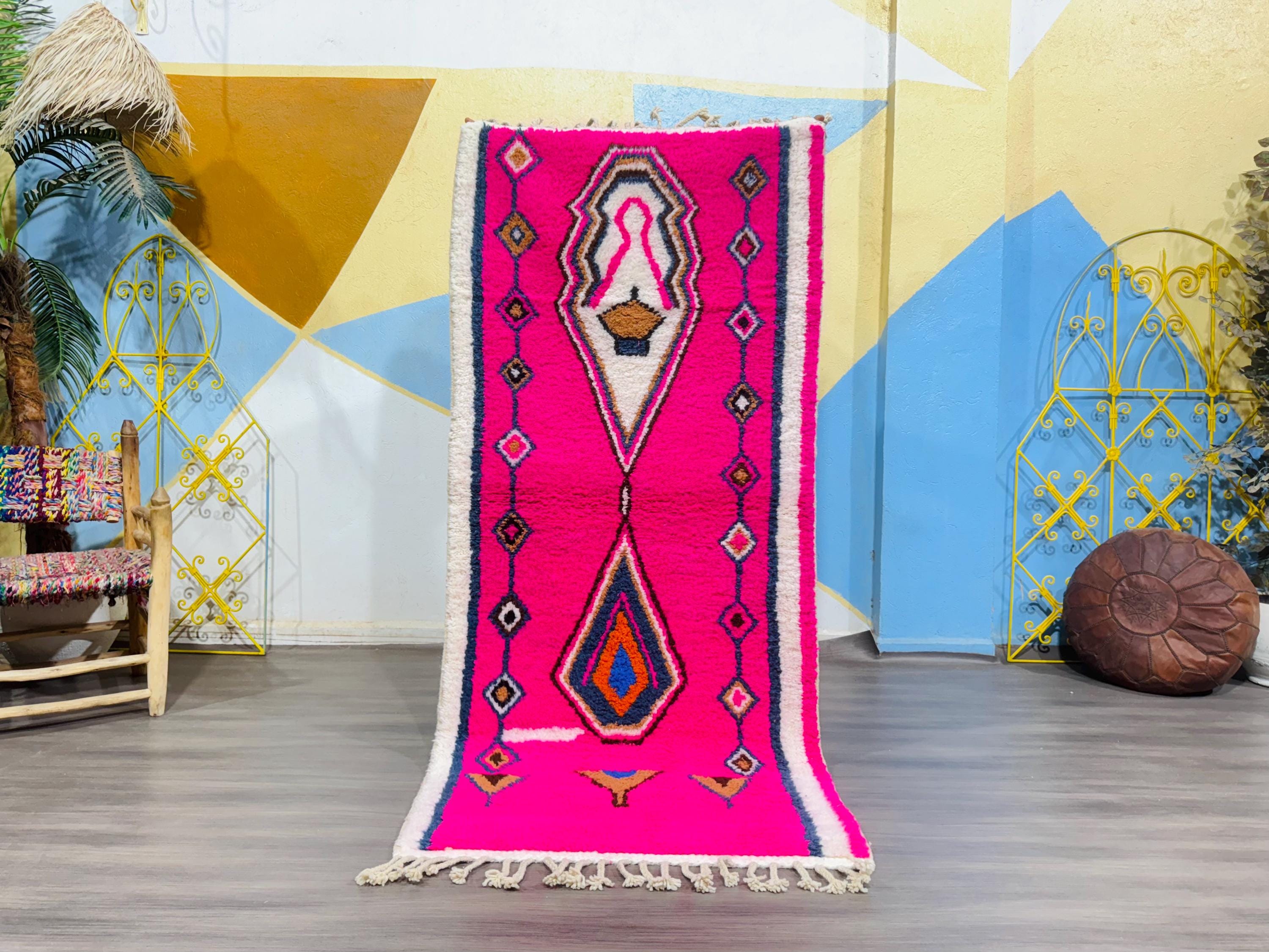 Pink Moroccan Runner Rug: Handmade Wool Berber Carpet, Tribal Boho Decor