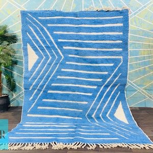 Blue Beni Ourain rug - New Berber design Hand-Knotted Moroccan wool rug - Berber carpet - Custom Morocco rug - light blue rug - Area Rug