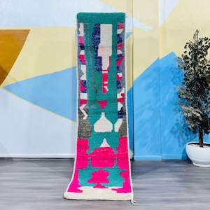 Authentic Moroccan Runner Rug - Green Runner Rug Moroccan - Berber Green and Pink Runner rug - Vintage Morocco Hallway Rug