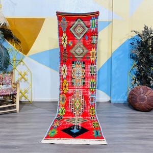Antique Berber Wool Rug - Traditional Moroccan Handwoven Art - Red Long Hallway Runner