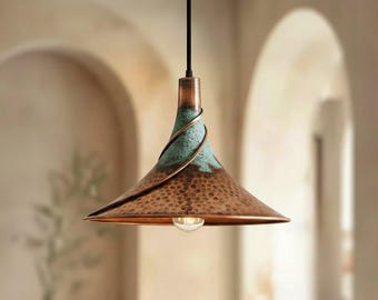 Lámpara colgante de cúpula de cobre martillado a mano con pátina - Lámpara de araña rústica