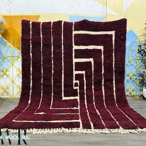 Burgundy Moroccan Wool Rug - Handmade Berber Carpet - Spiral Maze Design - Beni Ourain Style -NModern Boho Shag Area Rug - Deep Red Decor
