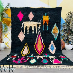 Handmade Beni Ourain Wool Rug: Black Moroccan Bohemian Rug, Custom Size