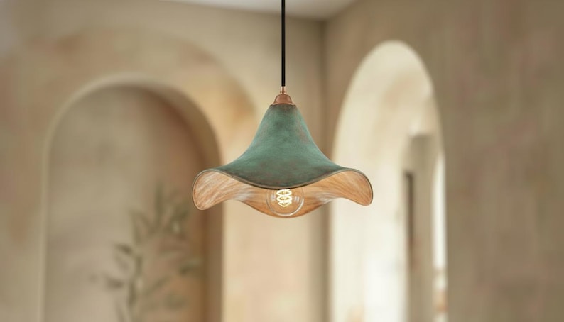 Green Patina Cone Pendant Light - Handmade Copper Lamp - Rustic Ceiling Fixture