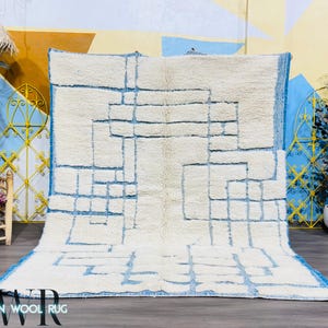 White & Blue Moroccan Wool Rug - Handmade Berber Carpet - Abstract Grid Beni Ourain Style - Modern Boho Shag Rug - Minimalist Decor