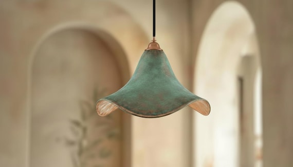 Green Patina Cone Pendant Light - Handmade Copper Lamp - Rustic Ceiling Fixture