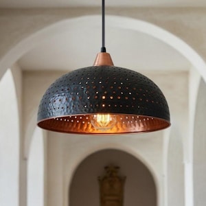 Handmade Copper Pendant Light – Hammered Dome Ceiling Lamp – Rustic Industrial Hangning Light – Black Moroccan Copper Lamp