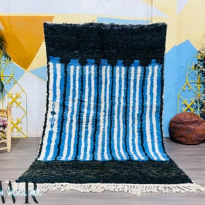 Striped Moroccan Wool Rug: Blue & White Berber Carpet, Modern Design