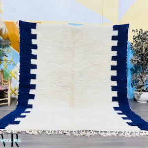 Minimalist Beni Ourain Wool Rug, Handmade Ivory with Navy Stepped Borders, Moroccan Area Rug, Custom Made Tapis Berbere