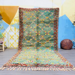 Green Moroccan Rug, Handwoven Wool Shaggy Carpet, Colorful Boho Area Rug, Large Berber Rug