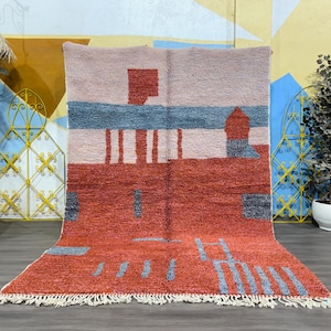 Abstract Moroccan Wool Rug - Handmade Berber Carpet - Terracotta & Blush Modern Art Rug - Beni Ourain Style - Boho Home Decor