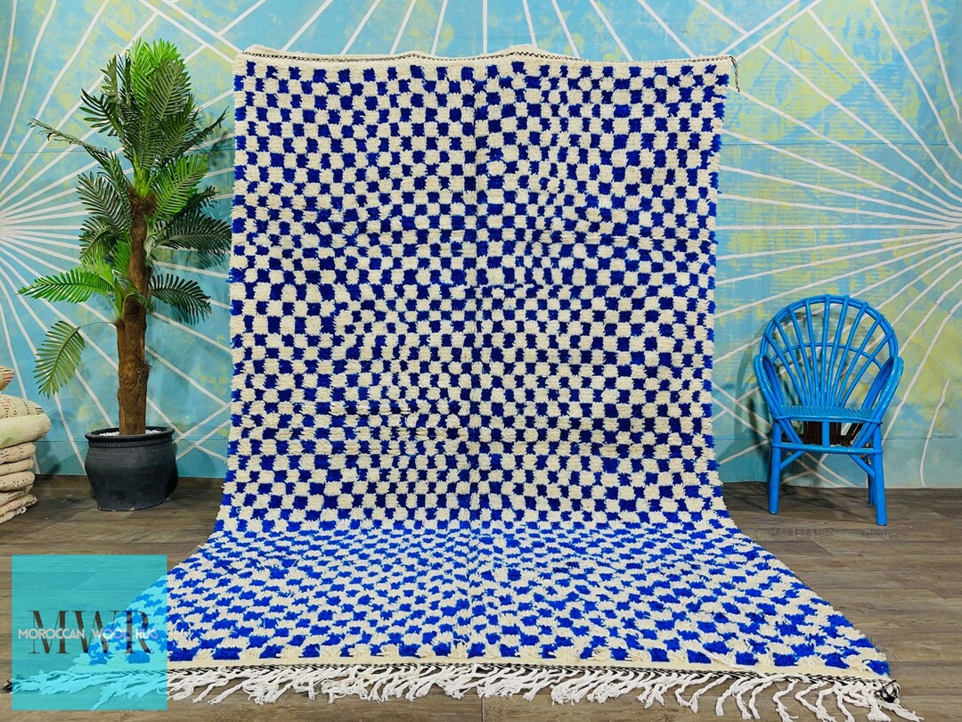 Blue Checked Rug Large Blue and White Checkered Rug, Moroccan Berber Rug Checkered Rug ...