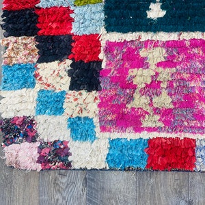 Colorful Boucherouite Rug, Checker Rug, Tapis Berbere, Boucherouite Vintage Rug, Handmade Fabric Rug, Vintage Entryway carpet image 3