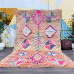 Vintage Handwoven Moroccan Wool Rug: Colorful Tribal Diamond Design (7x11 ft)
