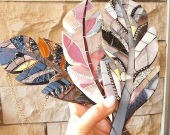 Mosaic Feather Wall Hanging: Iridescent Glass Tile Art