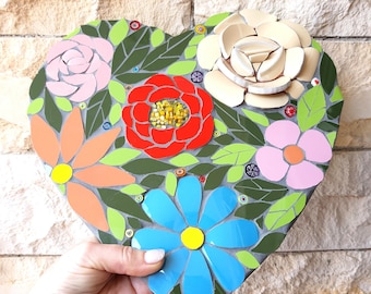 Floral Mosaic Heart Wall Decor: Ceramic & Glass Tile Picture