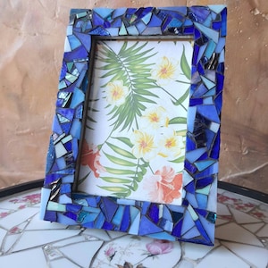 Blue glass mosaic picture frame – Mosaic Photo Frame for Family, Baby, or Pet Photos. Ideal gift. 6x4 inches or 5x7 inches, or 8x10 inches
