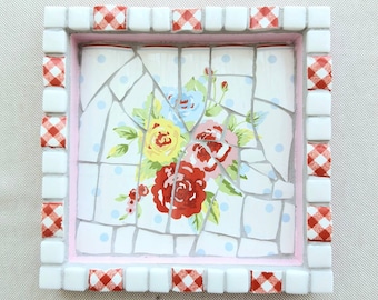 Flowered Ceramic Mosaic Picture: Upcycled Cup Wall Decor (6"x6")