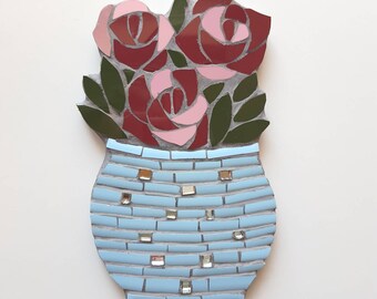 Roses Bouquet Mosaic Wall Hanging: Ceramic Tile & Mirror Art