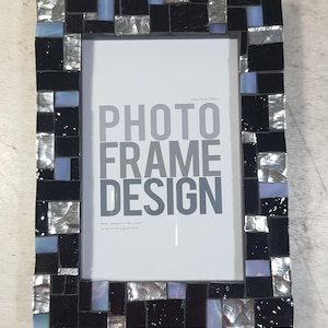 Glass mosaic photo frame. Geometric pattern mosaic picture frame 4x6 inches, 5×7 inches or 8×10 inches. Black and silver or black and golden
